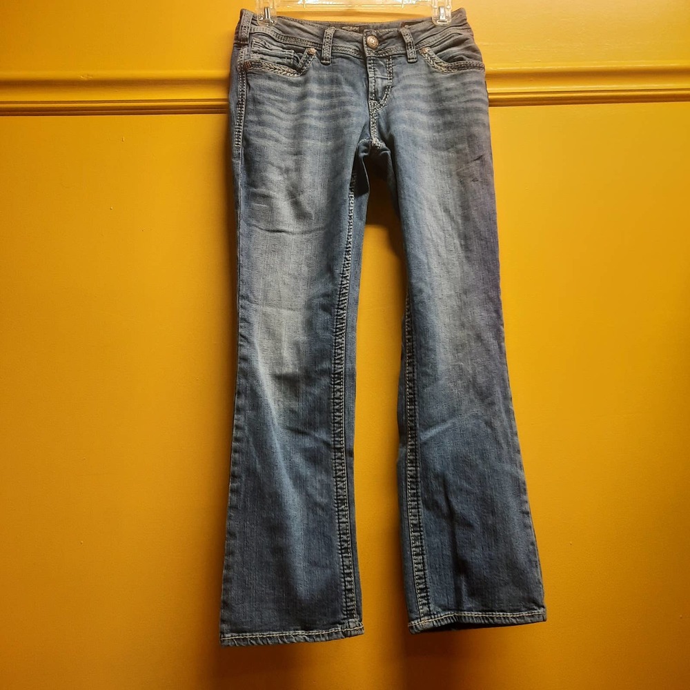 Silver Suki Super Stretch Denim Jeans Womens Mid Rise Slim Boot EUC 28 X 31